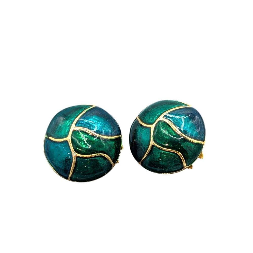 Vintage Green Enamel Gold Tone Round Clip On Earrings